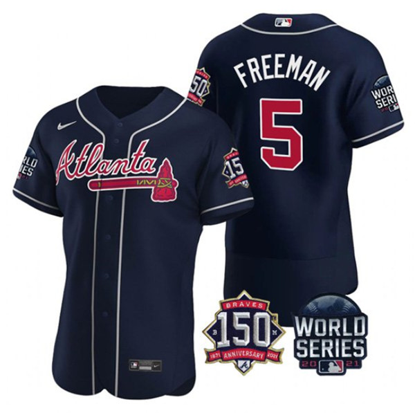 Men's Atlanta Braves #5 Freddie Freeman 2021 Navy World Series With 150th Anniversary Patch Stitched Baseball Jersey Men's Atlanta Braves #5 Freddie Freeman 2021 Navy World Series With 150th Anniversary Patch Stitched Baseball Jersey